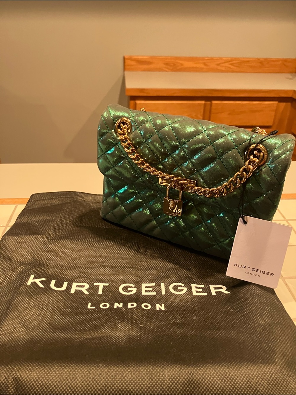 Kurt Geiger Mini Brixton Metallic Teal Quilted Shoulder Bag with Gold Chain - Picture 2 of 5
